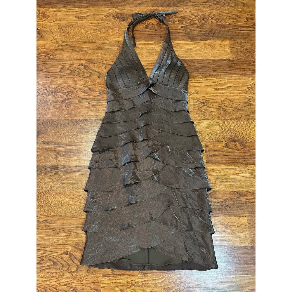 Cashet Metallic Tiered Ruffle Halter Mini Dress Women’s Size 2 Brown Cocktail